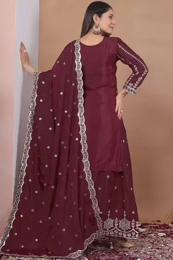 Brown crepe silk sequence embroidered sharara suit