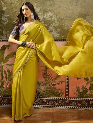 Neon chiffon embeoidered saree with unstitched blouse piece 2