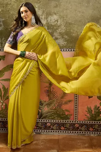 Neon chiffon embeoidered saree with unstitched blouse piece