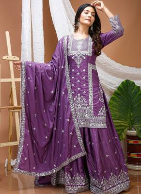 Lavender crepe silk sequin embroidered sharara suit 1