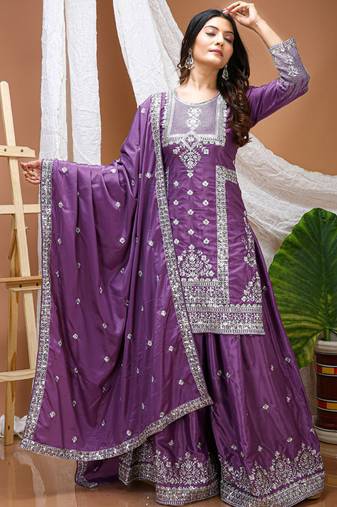 Lavender crepe silk sequence embroidered sharara suit