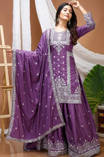 Lavender crepe silk sequence embroidered sharara suit