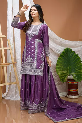 Lavender crepe silk sequin embroidered sharara suit