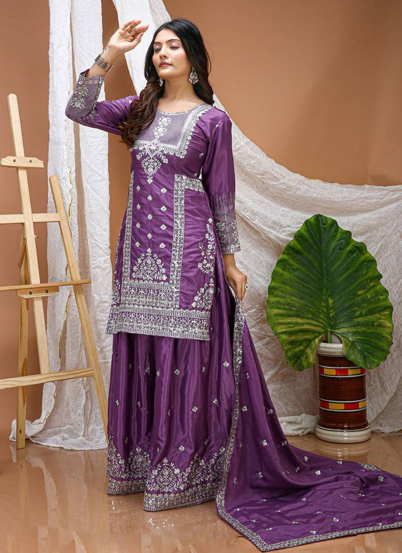 Lavender crepe silk sequence embroidered sharara suit