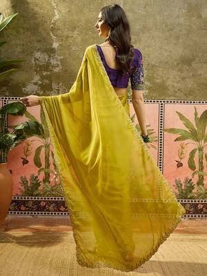Neon chiffon embeoidered saree with unstitched blouse piece 3