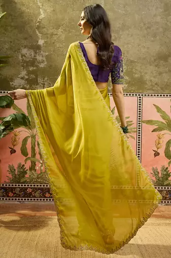Neon chiffon embeoidered saree with unstitched blouse piece