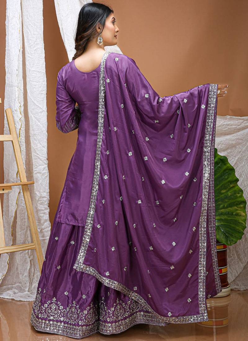 Lavender crepe silk sequence embroidered sharara suit