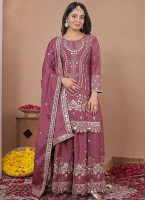 Onion pink crepe silk sequin embroidered sharara suit 1