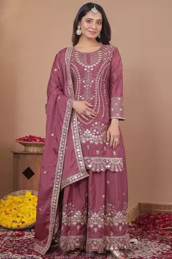 Onion pink crepe silk sequence embroidered sharara suit