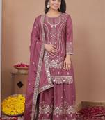 Onion pink crepe silk sequence embroidered sharara suit