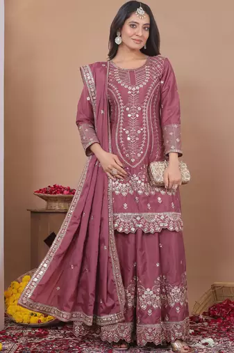 Onion pink crepe silk sequin embroidered sharara suit