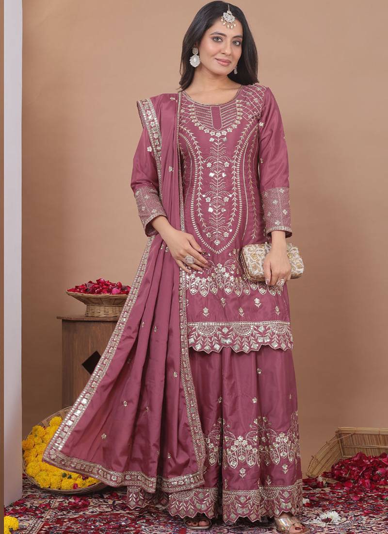 Onion pink crepe silk sequence embroidered sharara suit