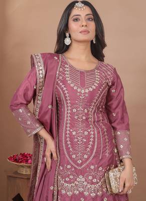 Onion pink crepe silk sequin embroidered sharara suit 3