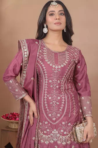 Onion pink crepe silk sequin embroidered sharara suit