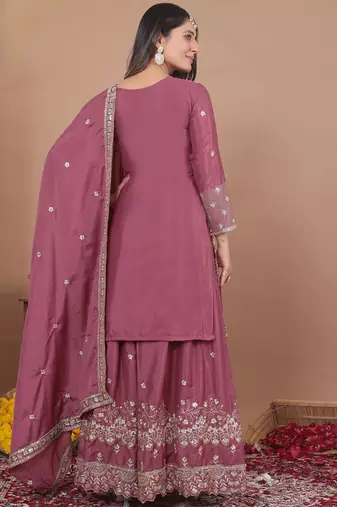 Onion pink crepe silk sequin embroidered sharara suit