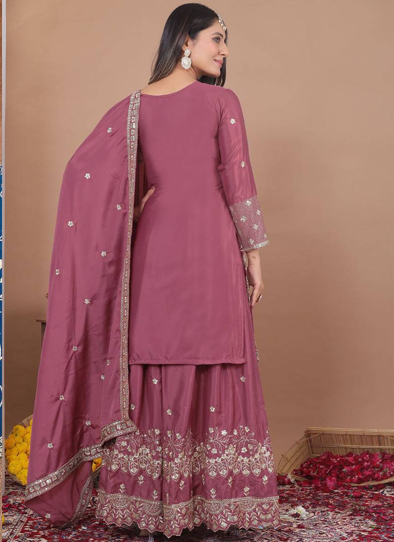 Onion pink crepe silk sequence embroidered sharara suit