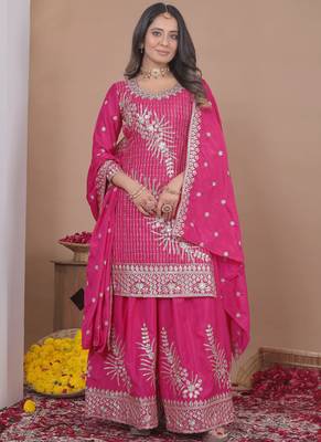 Pink crepe silk sequin embroidered sharara suit 1