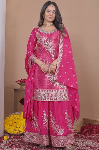 Pink crepe silk sequence embroidered sharara suit