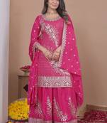Pink crepe silk sequence embroidered sharara suit