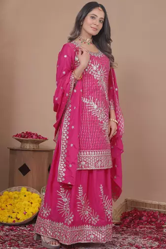 Pink crepe silk sequence embroidered sharara suit