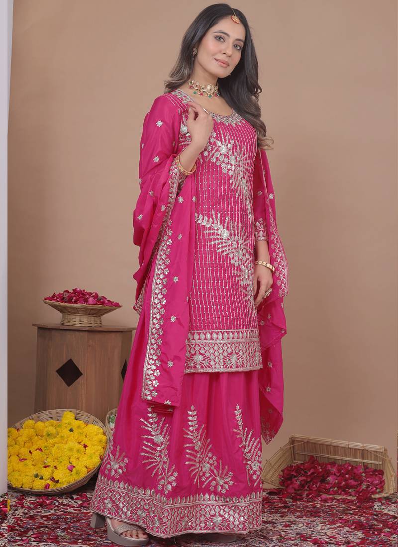 Pink crepe silk sequence embroidered sharara suit