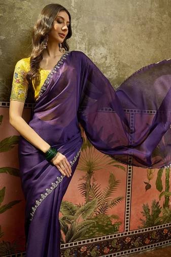 Purple chiffon embeoidered saree with unstitched blouse piece