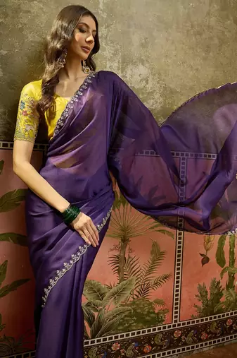 Purple chiffon embeoidered saree with unstitched blouse piece