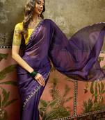 Purple chiffon embeoidered saree with unstitched blouse piece