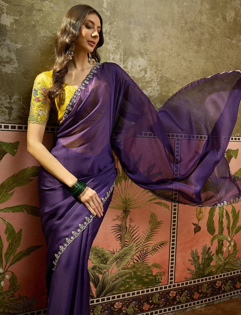Purple chiffon embeoidered saree with unstitched blouse piece