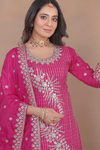 Pink crepe silk sequence embroidered sharara suit