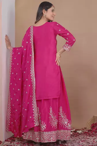 Pink crepe silk sequence embroidered sharara suit