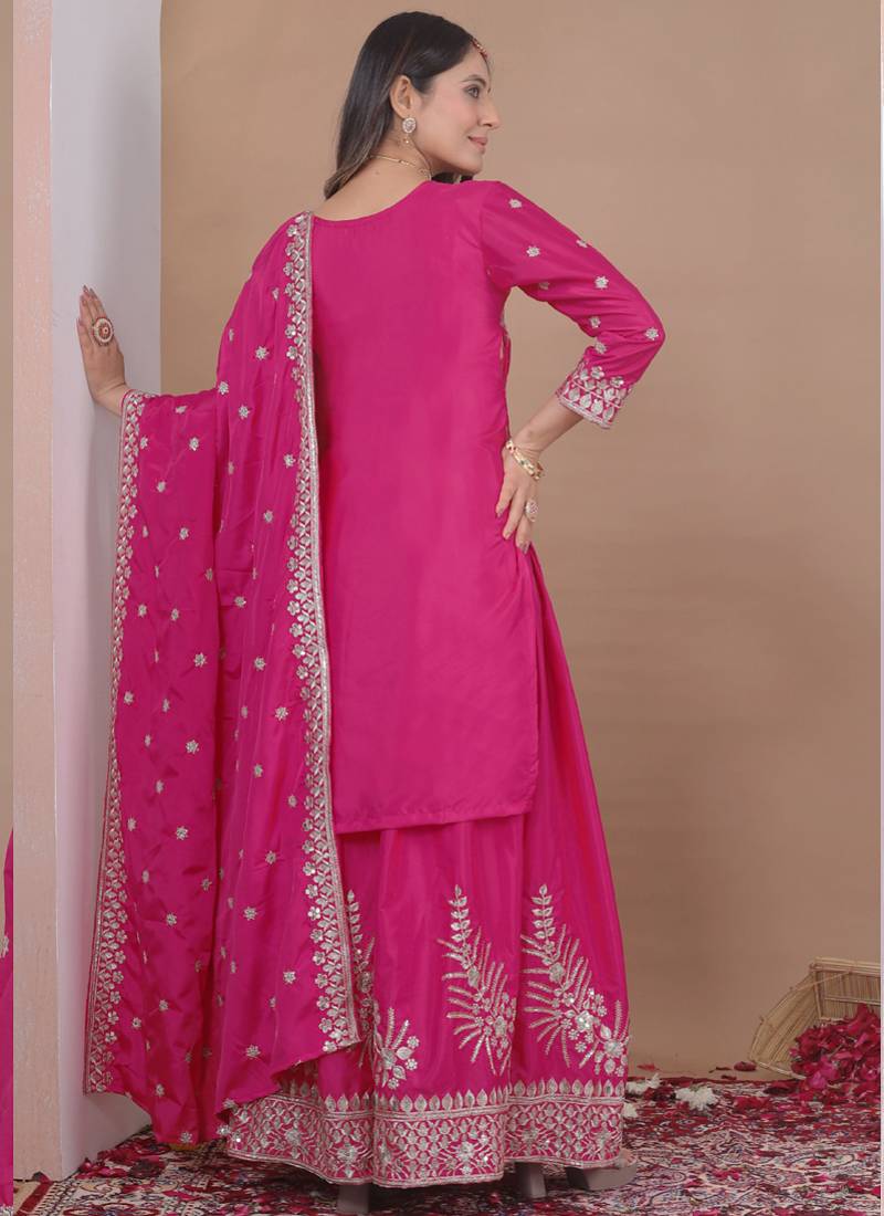 Pink crepe silk sequence embroidered sharara suit
