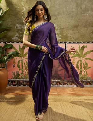 Purple chiffon embeoidered saree with unstitched blouse piece 2
