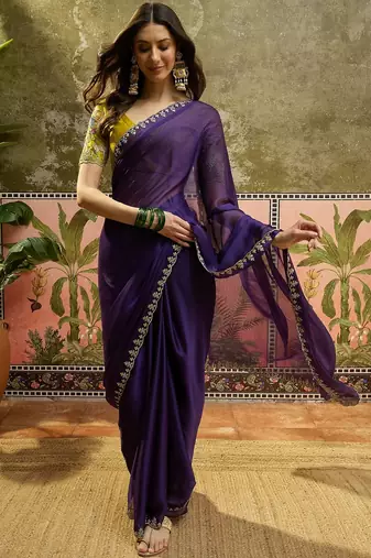 Purple chiffon embeoidered saree with unstitched blouse piece