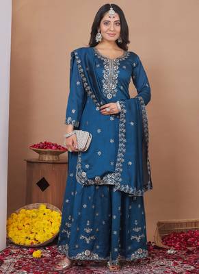 Royal blue vichitra silk sequin embroidered sharara suit 1