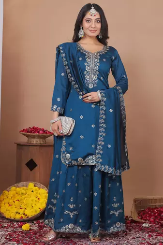 Royal blue vichitra silk sequence embroidered sharara suit