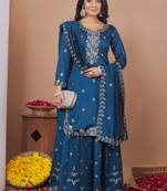 Royal blue vichitra silk sequence embroidered sharara suit