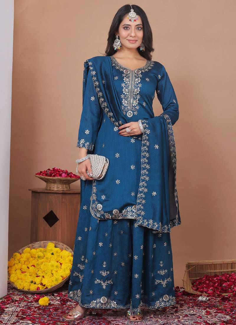 Royal blue vichitra silk sequence embroidered sharara suit