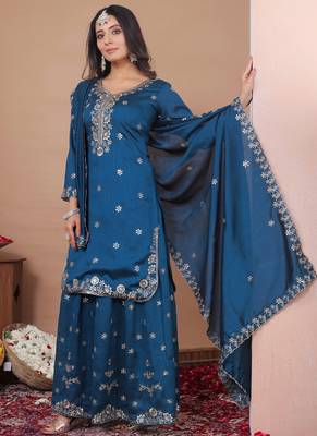 Royal blue vichitra silk sequin embroidered sharara suit 2