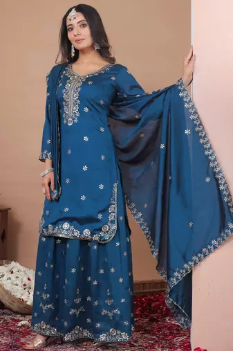 Royal blue vichitra silk sequence embroidered sharara suit