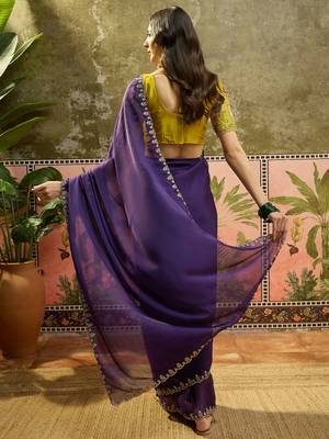 Purple chiffon embeoidered saree with unstitched blouse piece 3