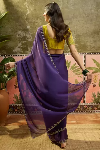 Purple chiffon embeoidered saree with unstitched blouse piece