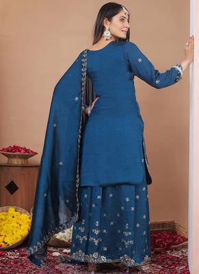 Royal blue vichitra silk sequin embroidered sharara suit 4