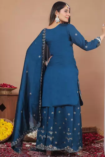 Royal blue vichitra silk sequence embroidered sharara suit