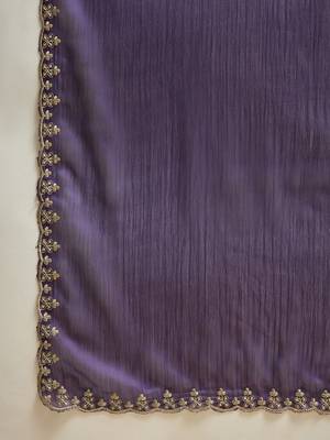 Purple chiffon embeoidered saree with unstitched blouse piece 5