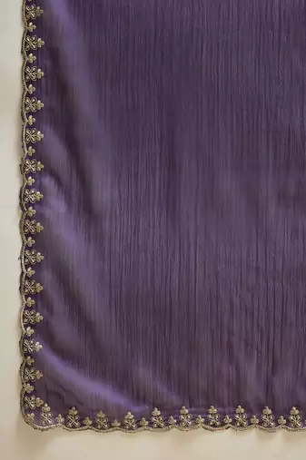 Purple chiffon embeoidered saree with unstitched blouse piece
