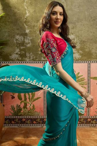 Rama chiffon embeoidered saree with unstitched blouse piece