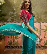 Rama chiffon embeoidered saree with unstitched blouse piece