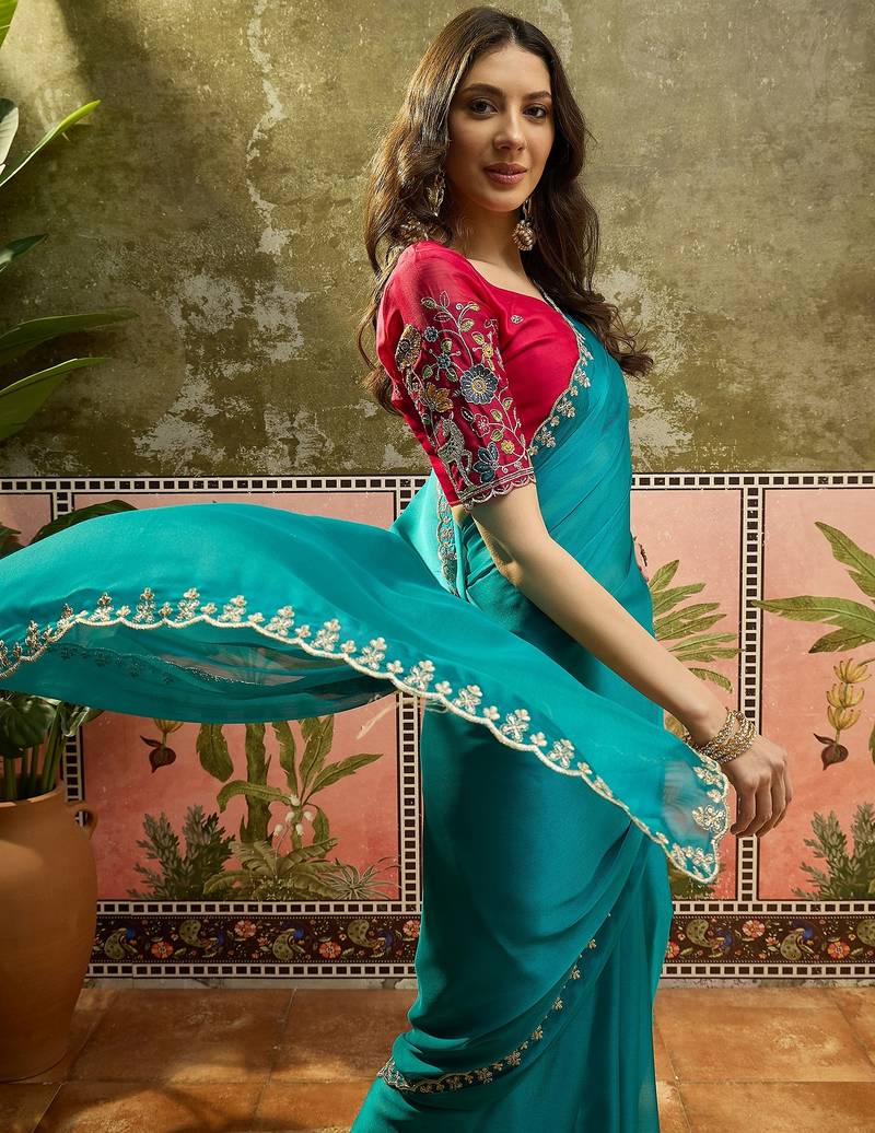 Rama chiffon embeoidered saree with unstitched blouse piece