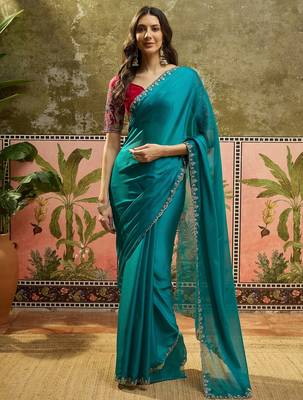Rama chiffon embeoidered saree with unstitched blouse piece 2